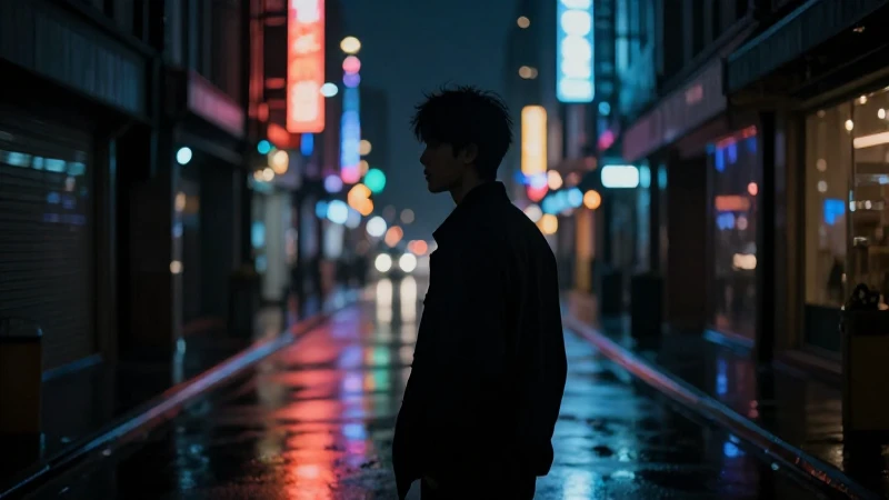 Silueta en calle urbana con luces de neón dramáticas