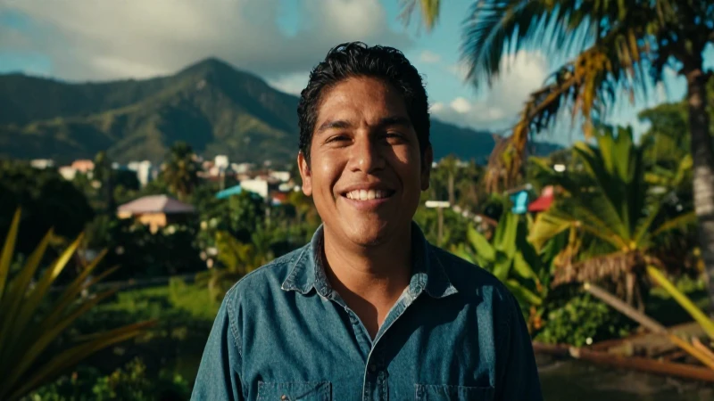 Persona sonriente en paisaje tropical vibrante