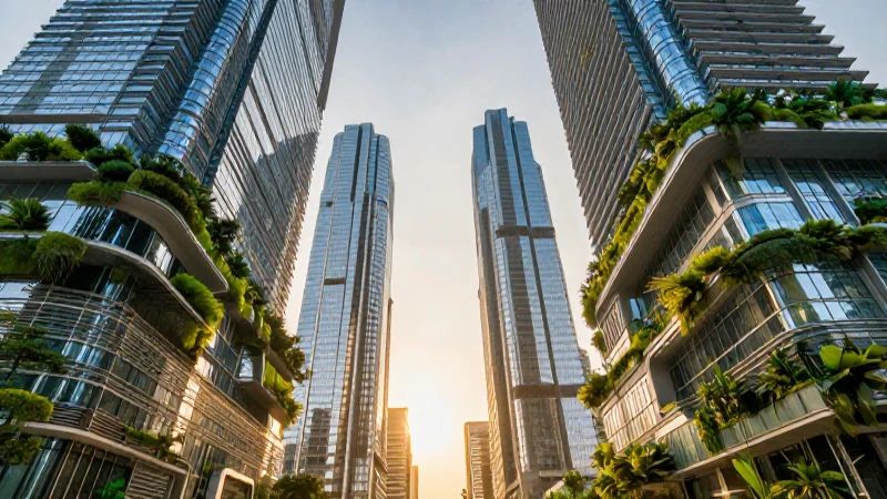 Ciudad futurista de rascacielos y jardines verdes
