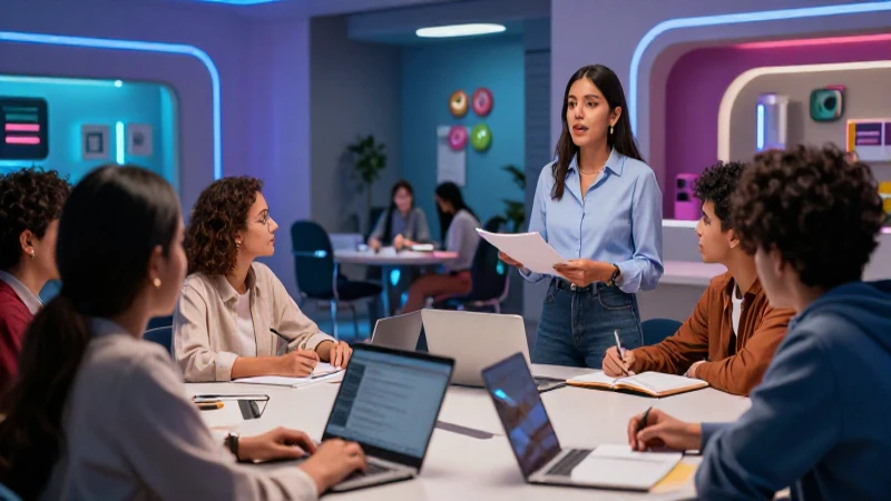 Profesora mexicana guía estudio colaborativo en campus moderno