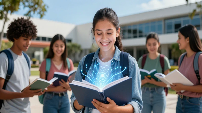 Estudiante sonríe en campus moderno con saber