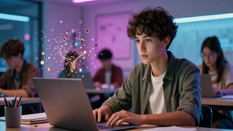 Estudio moderno, estudiante concentrado y vibrante