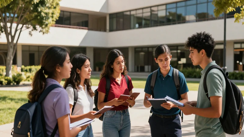 Estudiantes mexicanos en un moderno campus soleado