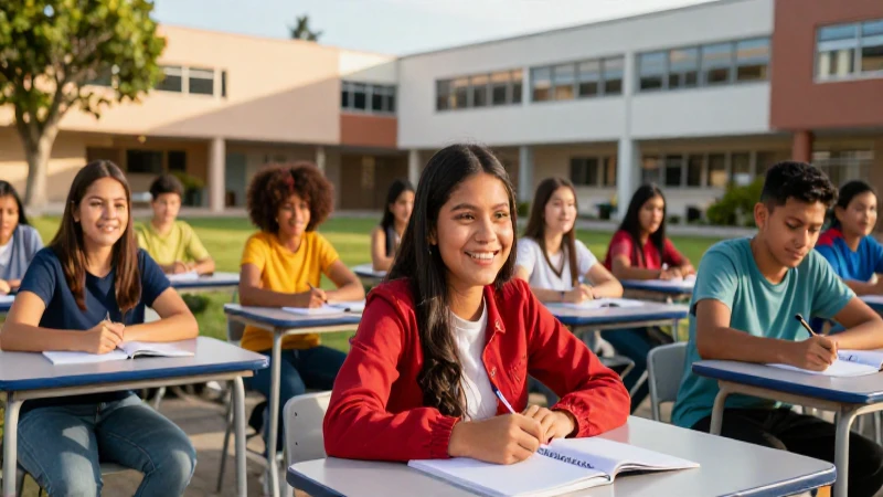Estudiantes mexicanos sonriendo en campus universitario soleado