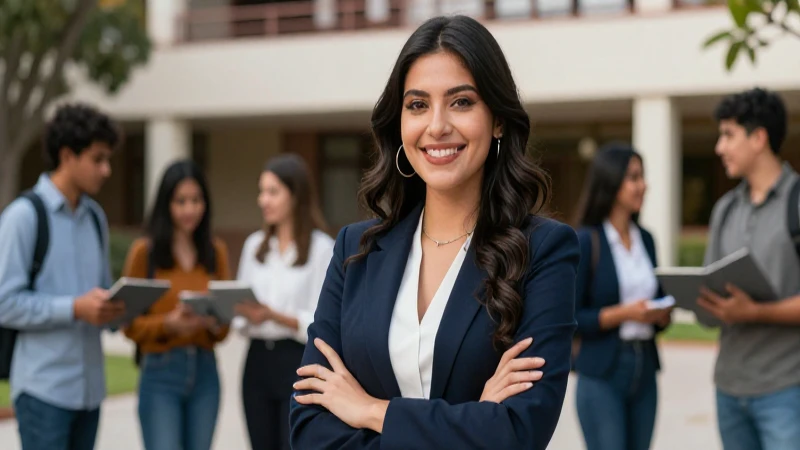 Joven profesional mexicana sonríe en campus vibrante