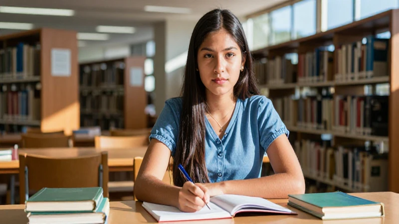 Joven estudiante mexicano determinado en biblioteca moderna