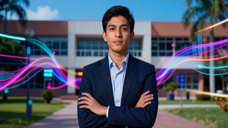 Académico mexicano en campus tecnológico vibrante