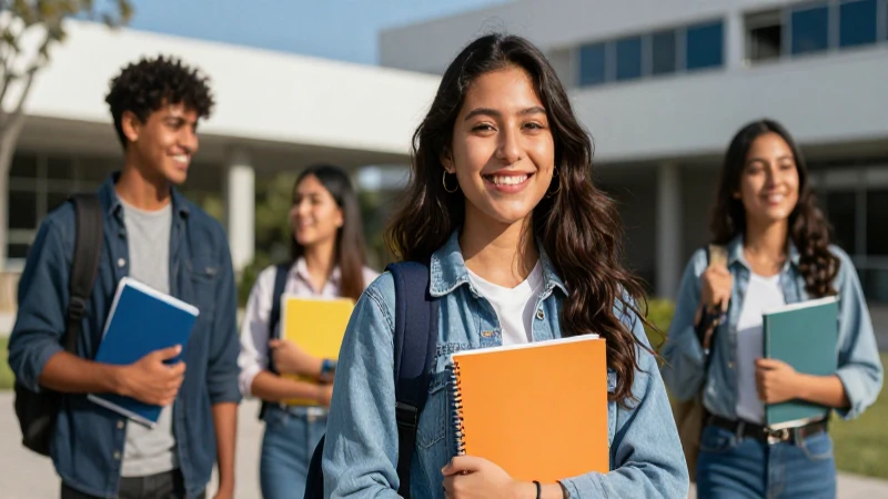 Estudiante mexicana sonriente en campus moderno