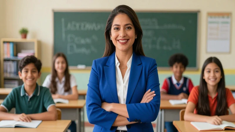 Profesora mexicana en aula moderna con estudiantes sonrientes