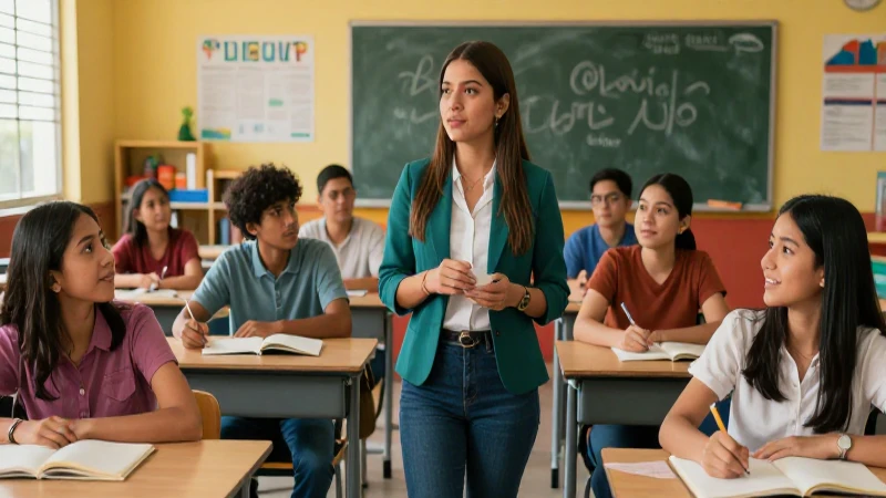Maestra mexicana y aula vibrante de aprendizaje