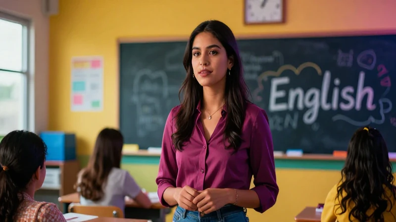 Joven profesora mexicana en aula moderna y vibrante