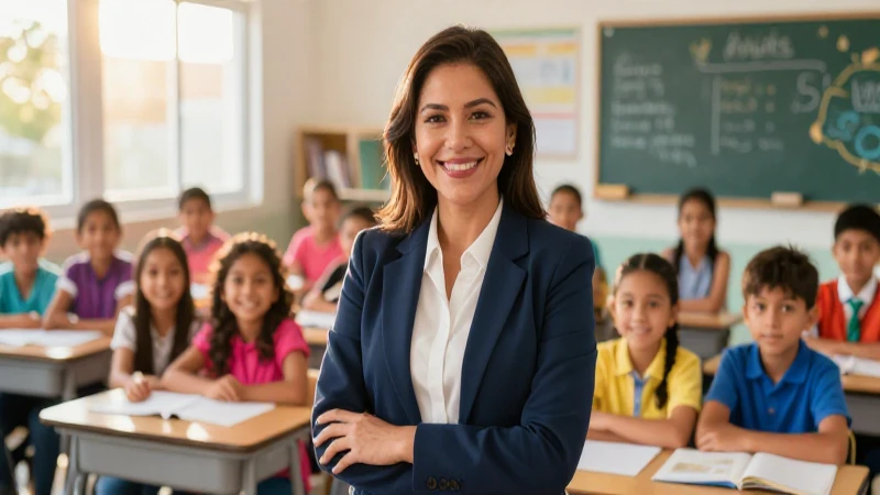 Maestra mexicana sonriente con alumnos en aula