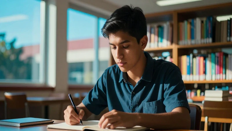 Estudiante mexicano enfocado en biblioteca moderna