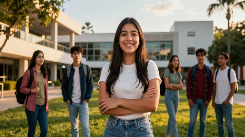Retrato de estudiante mexicano en campus moderno
