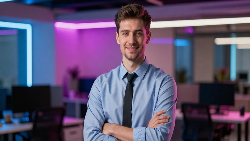 Joven profesional moderno con estilo vibrante y luces dramáticas