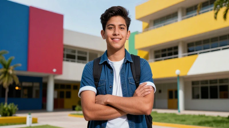Estudiante mexicano vibrante en campus moderno