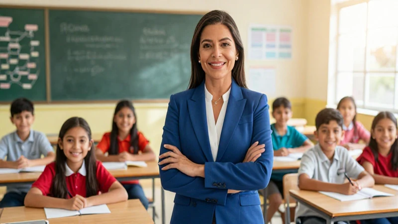 Directora mexicana con alumnos en un aula moderna
