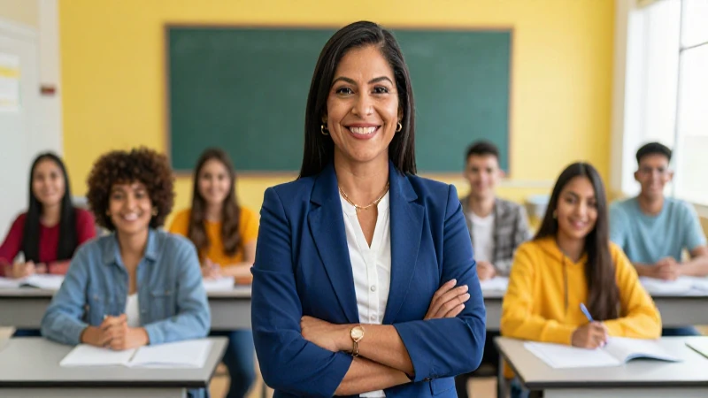 Maestra mexicana en aula moderna y vibrante