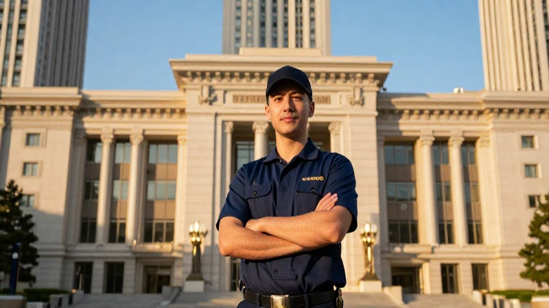 Trabajador municipal con confianza frente a palacio modern