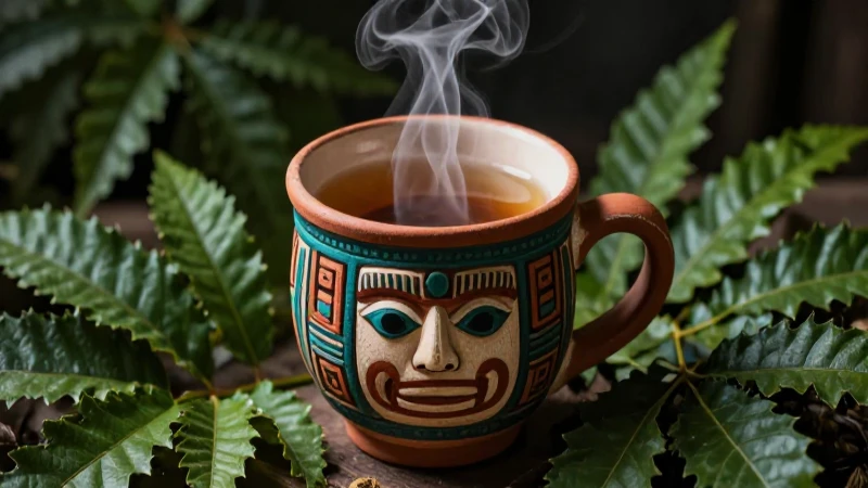 Taza azteca de té con ambiente místico