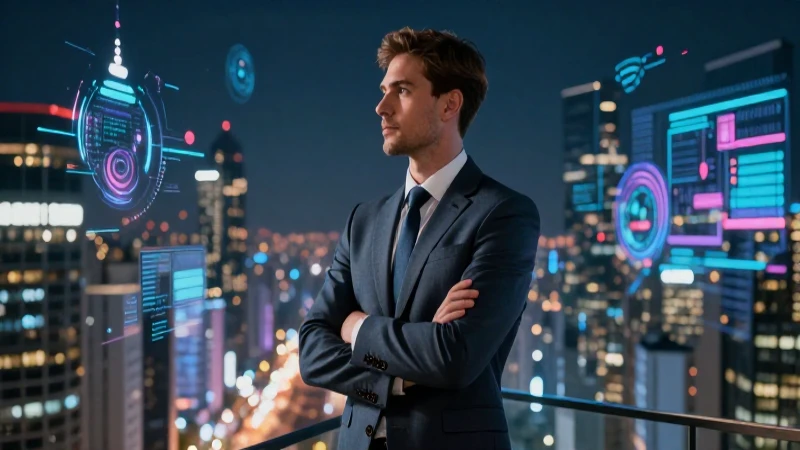 Ejecutivo global en ciudad futurista