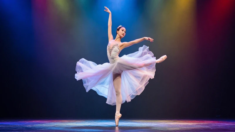 Bailarina triunfal en escenario con luces dramáticas