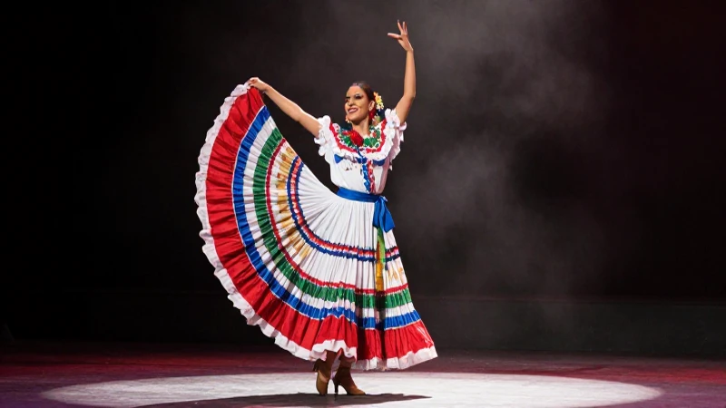 Danza folklórica vibrante con iluminación dramática