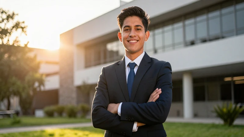 Joven profesional mexicano exitoso en campus vibrante