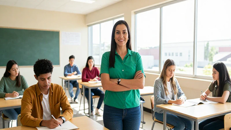 Educadora mexicana confiada en aula moderna y luminosa
