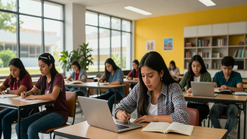Estudiantes mexicanos en campus moderno y vibrante