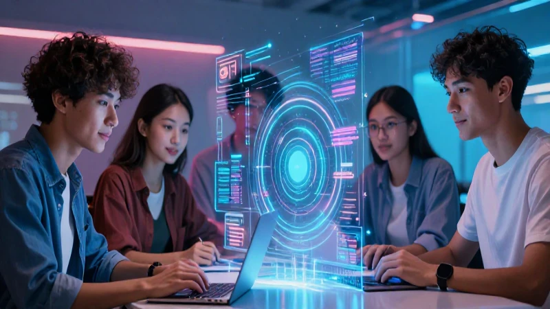 Equipo dinámico en entorno tecnológico futurista