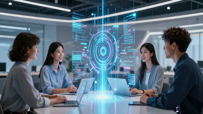 Innovadores colaborando en espacio futurista