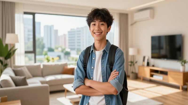 Estudiante sonriente en apartamento moderno