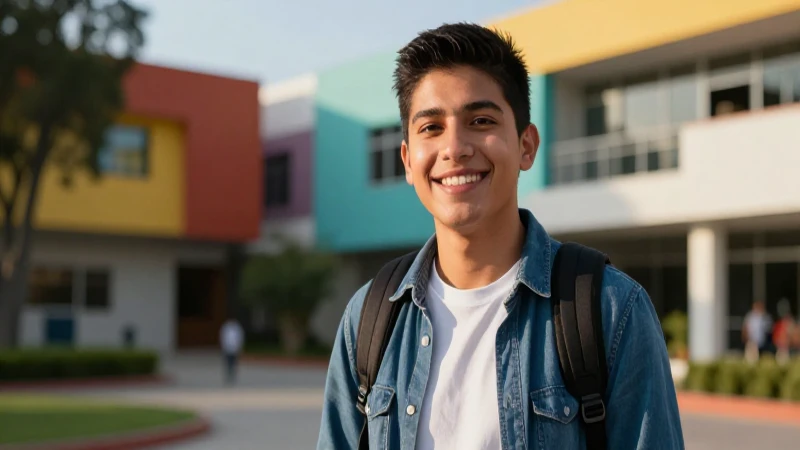 Estudiante mexicana sonriente en campus moderno