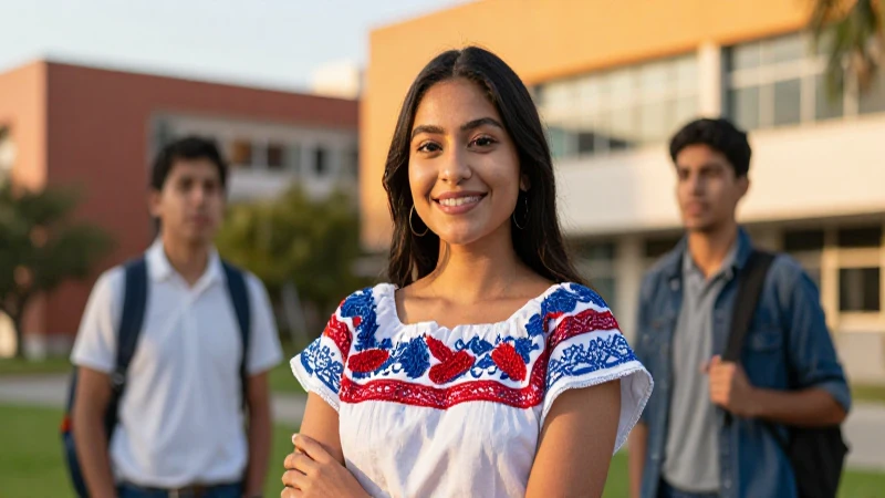 Estudiante mexicano sonriente en campus moderno