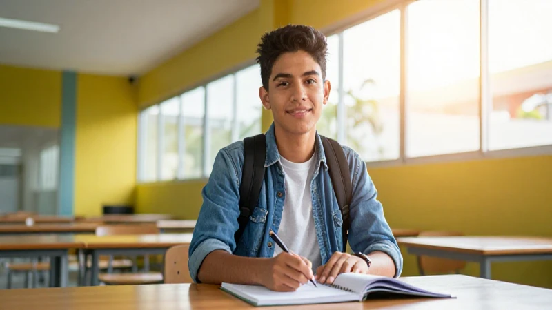 Estudiante mexicano brillante en campus moderno