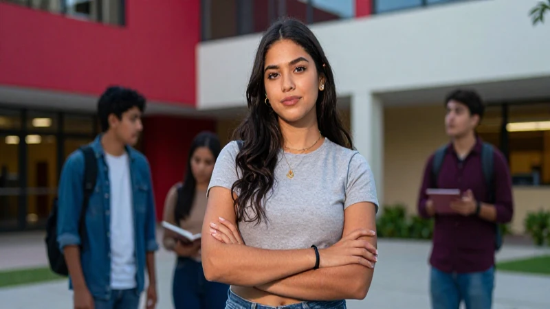 Joven mexicano aspiracional en campus moderno vibrante