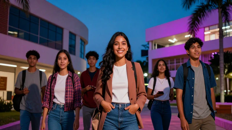 Estudiantes mexicanos exitosos en moderno campus universitario