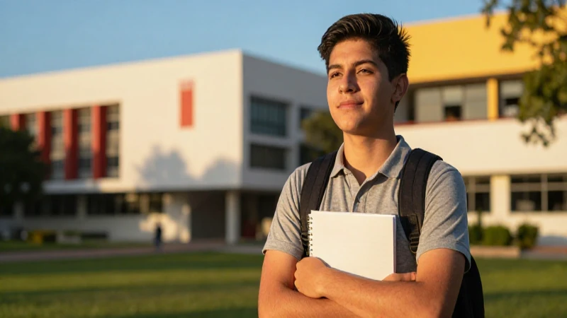 Estudiante mexicano en campus con luz dorada