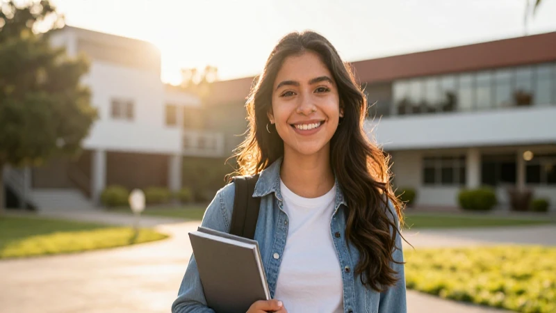 Estudiante mexicano sonriente en campus moderno