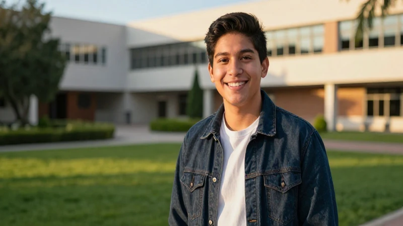 Estudiante sonriente en campus moderno al atardecer