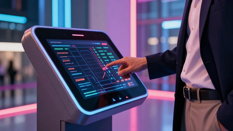 Persona elegante usa terminal financiera futurista