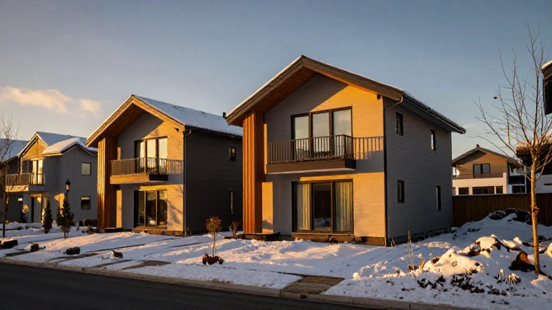Casas modernas acogedoras bajo nieve en luz dorada
