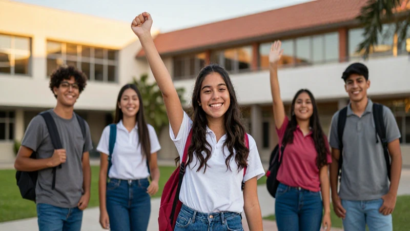 Estudiante mexicano celebra en un campus moderno y cinemático