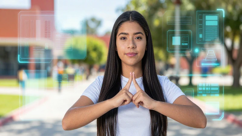 Estudiante mexicano hace señas ante interfaz digital
