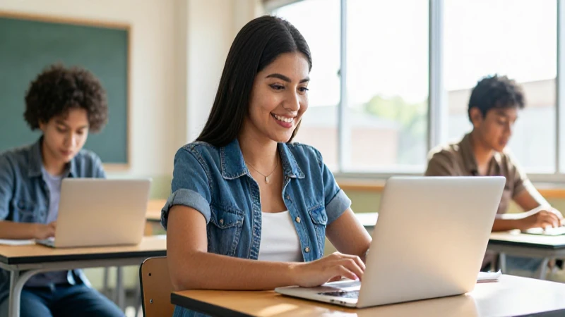 Estudiante mexicano sonríe y trabaja en laptop