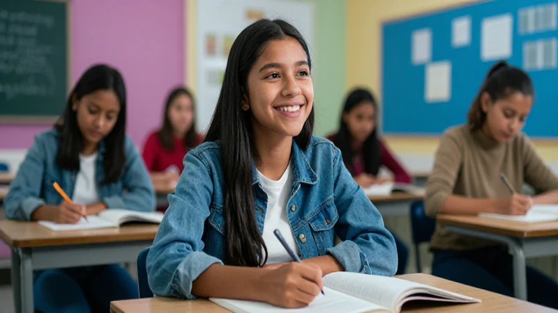 Joven estudiante mexicano sonríe en aula moderna y vibrante