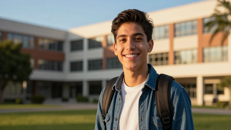 Estudiante mexicano sonríe bajo luz dorada moderna