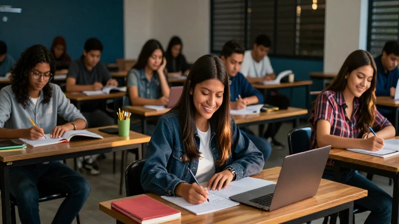 Estudiante sonriente en campus mexicano bajo luz dorada
