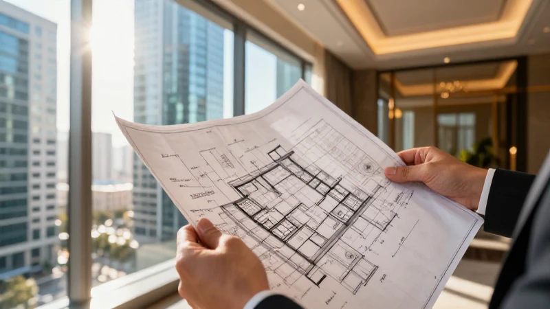 Manos sostienen planos arquitectónicos en un piso elegante